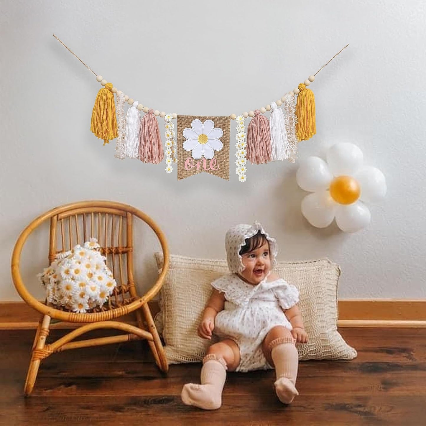 1st Daisy Garland Highchair Banner - Birthday Party Decorations,Girl Birthday Decor Cake Smash,Tassel Daisy One High