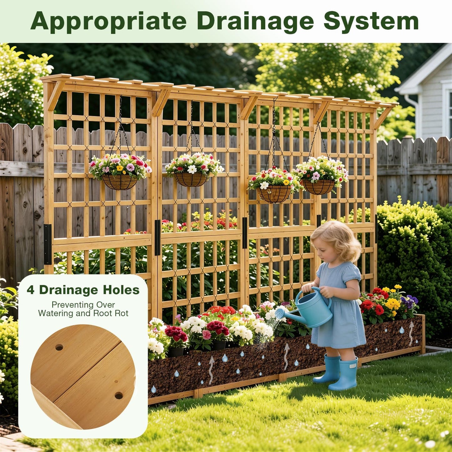 Aoxun 108" Raised Garden Bed with Trellis, Wood Planter Container with Hanging Roof & Garden Boxes for Climbing Plants Flowers Vine (3 piece)