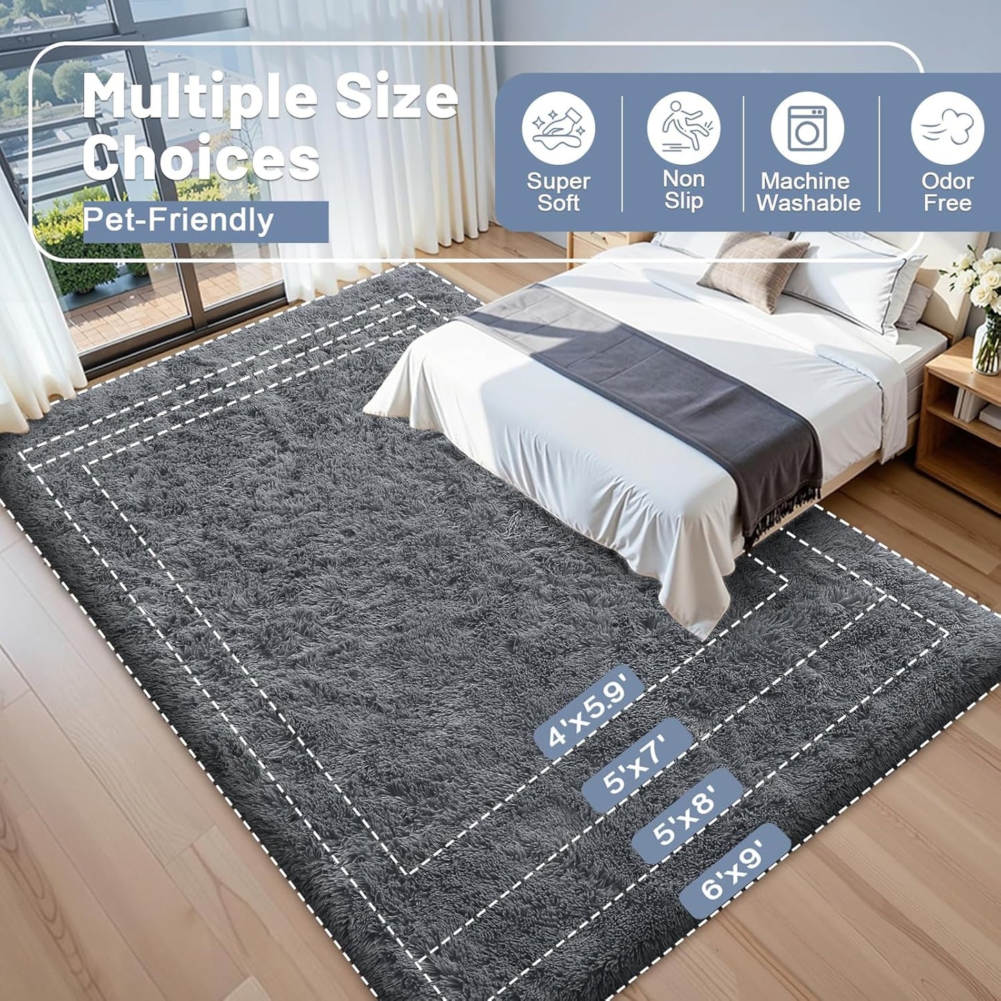 OLANLY Soft Fluffy Shaggy Small Rug - Machine Washable Indoor Carpet for Bedroom & Nursery | Grey 2x2 ft