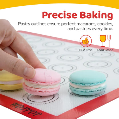 HOTPOP Piping Bags and Tips Set for Macarons - 17-Piece Baking Supplies Kit - Reusable Silicone Pastry Bags - 2 Half-Size Baker Mats - Ideal for Home Pastry Baking (16.5"x11.5")