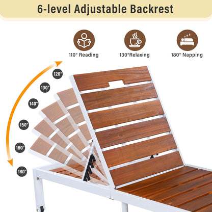 ApilithHive Outdoor Chaise Lounge with 6-Position Adjustable Backrest, Acacia Wood and Steel Frame, 78.7", 400 lbs Capacity, White and Brown