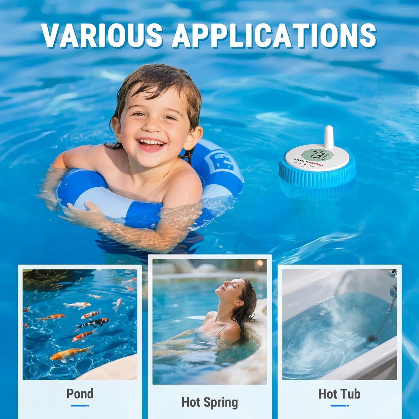 ThermoPro Waterproof Wireless Pool Thermometer Easy Read, Digital Pool Thermometer Floating for Swimming Pool, Upgraded IPX8 Water Temperature Monitor for Hot Tub, Cold Plunge, Ice Bath, Pond