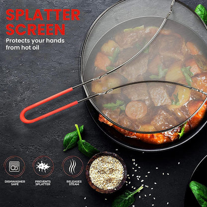 13" Grease Splatter Screen for Cooking | Stainless Steel Oil Splatter Guard and Ultra-Fine Mesh Protects Skin from Burns | Silicone Red Handle
