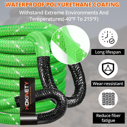 Kinetic Recovery Tow Rope: 1.26" x 30ft Reflective Snatch Strap with Soft Shackles Heavy Duty Offroad Towing Straps Kit for Trucks SUV UTV ATV Tractor Car Jeep - Neon Green