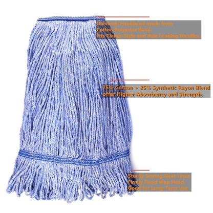 String Mop Heads Replacement Heavy Duty Commercial Grade Blue Cotton Looped End Wet Industrial Cleaning Mop Head Refills (1, Medium)