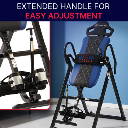 MediSonic Pro Inversion Table with Adjustable Heat & Vibrating Massage Lumbar Pad, Diamond-Stitched Comfort Backrest, Multiple Inversion Angles, 300 lb Capacity, Home Use, Blue