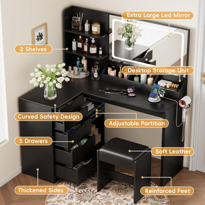 YESHOMY Vanity Desk with Lights and Mirror, L Shaped Makeup Table, Dresser with Hairdryer Holder and Power Outlet, Adjustable 3 Lighting Modes, 5 Drawers and Adjustabled Open Storage Shelves, Black