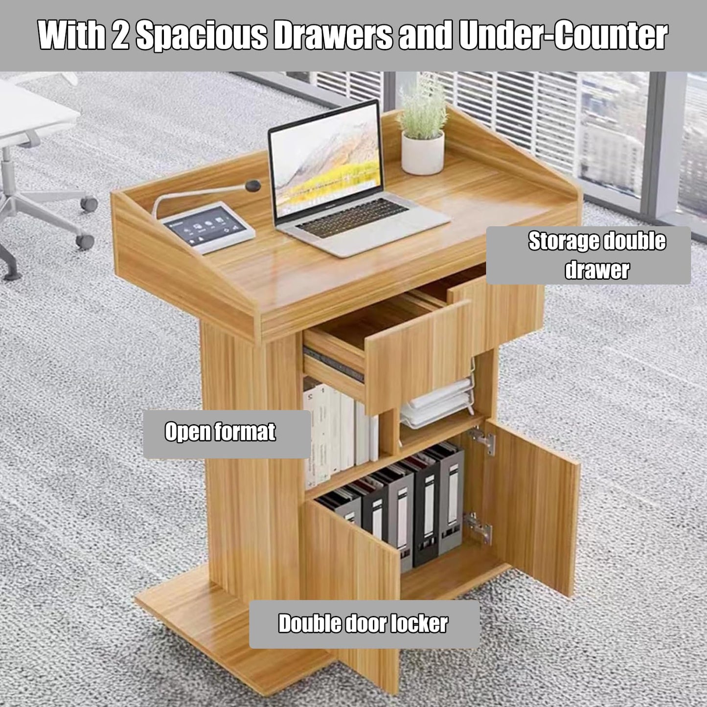 Lectern Solid Wood Podiums Floor Standing Podiums Rolling Podium with Wheel Church Podium and Pulpits Mobile Speaking Lectern with Wire Holes and Storage (White, 39.4″×19.68″×44″)