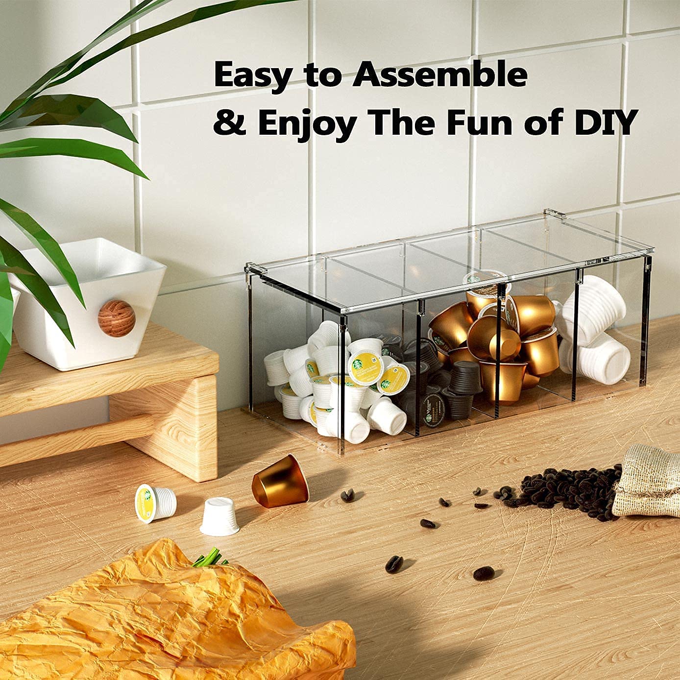 RR RAXMIN Coffee Capsule Holder Acrylic Box K Cup Holder Coffee Pod Storage Clear Acrylic 4 Compartment with Lid Organizer Coffee Bar Accessories