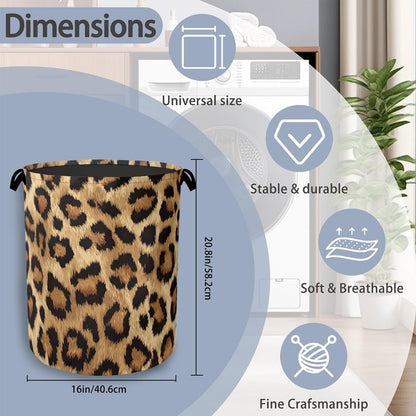 Brown Leopard Laundry Basket,Foldable with Handles Tote Bag Oxford Cloth for Bathroom Bedroom Dirty Clothes Storage Bucket 16" x 20.8"