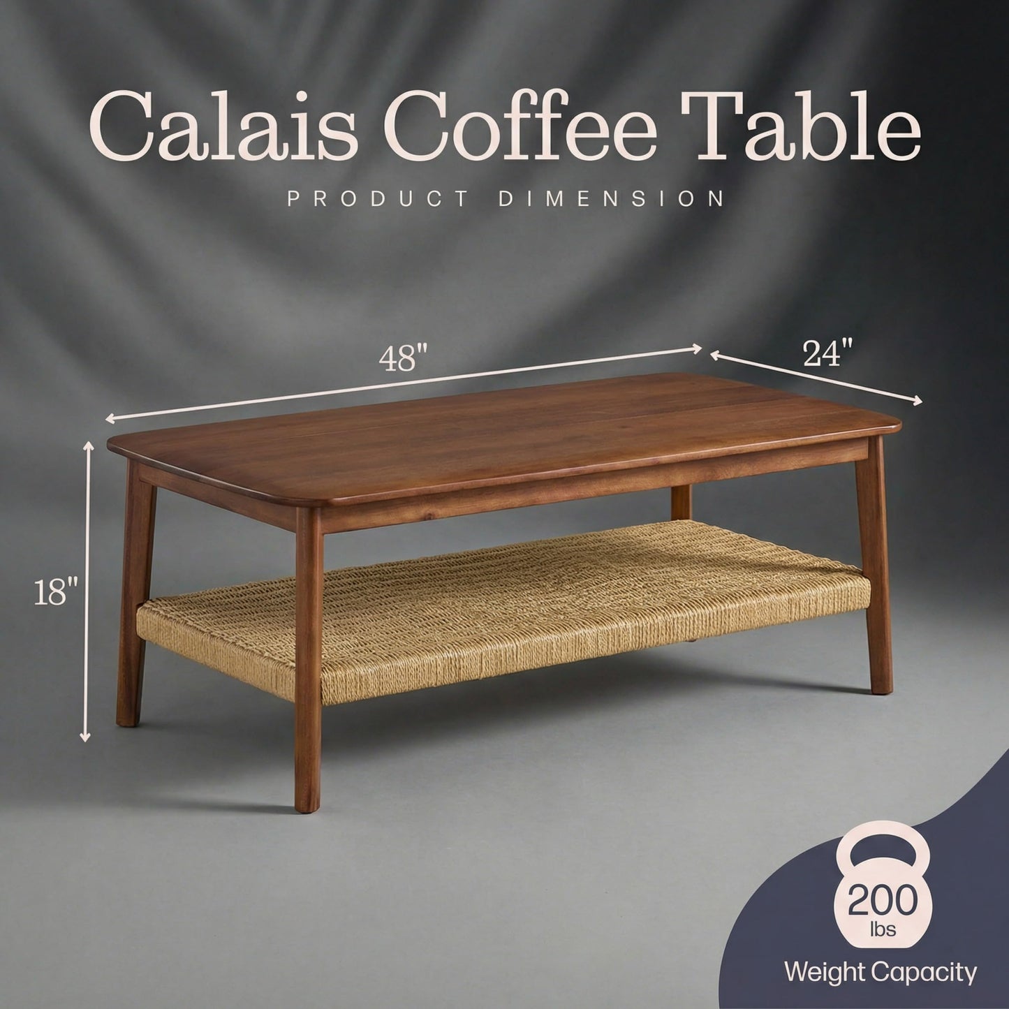 Alaterre Furniture Calais 48 Inch Rectangular Solid Wood Coffee Table with Woven Storage Shelf – Mid Century Modern 2-Tier Living Room Table (Chestnut)