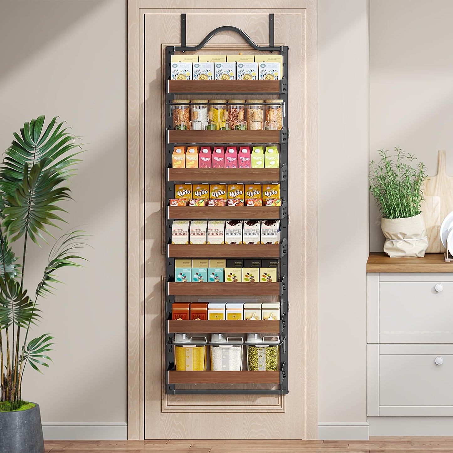 Freexployer 8-Tier Spice Rack Wall Mount, Heavy-Duty Over the Door Pantry Organizer with Wooden Adjustable Basket, 2 IN 1 Wall Mount or Hanging Pantry Door Organizer,Door Spice Rack for Pantry, Black