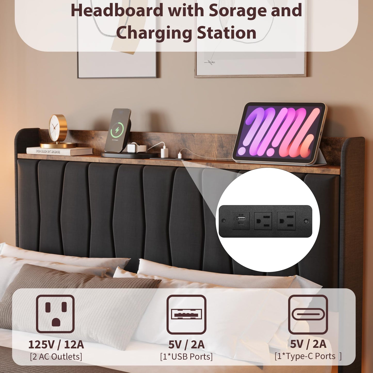 IDEALHOUSE King Floating Bed Frame with LED Lights & Charging Station, Upholstered Platform Bed with Storage Headboard, Wood Slats Support, No Box Spring Needed, Easy to Assemble, Black