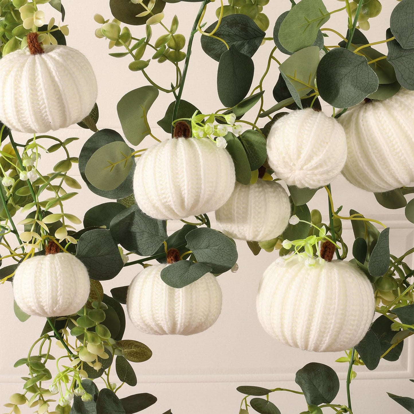 ZenNex 12-Pack Fall Crochet Pumpkins Handmade Fall Decor Set with 2.36, 3.15, 4inch Sizes Knit Pumpkins Farmhouse Thanksgiving Table Centerpiece, Halloween Decorations (White)