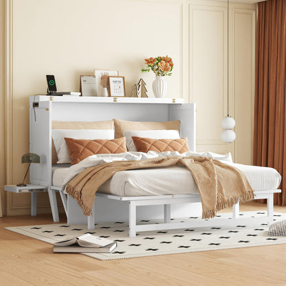 Queen Size Murphy Bed Cabinet with Charging Station,Mobile Cabinet Bed Murphy Chest Bed,Cabinet Bed Queen with Removable Shelves,Space Saving Murphy Bed for Bedroom,Guest Room,Office,White