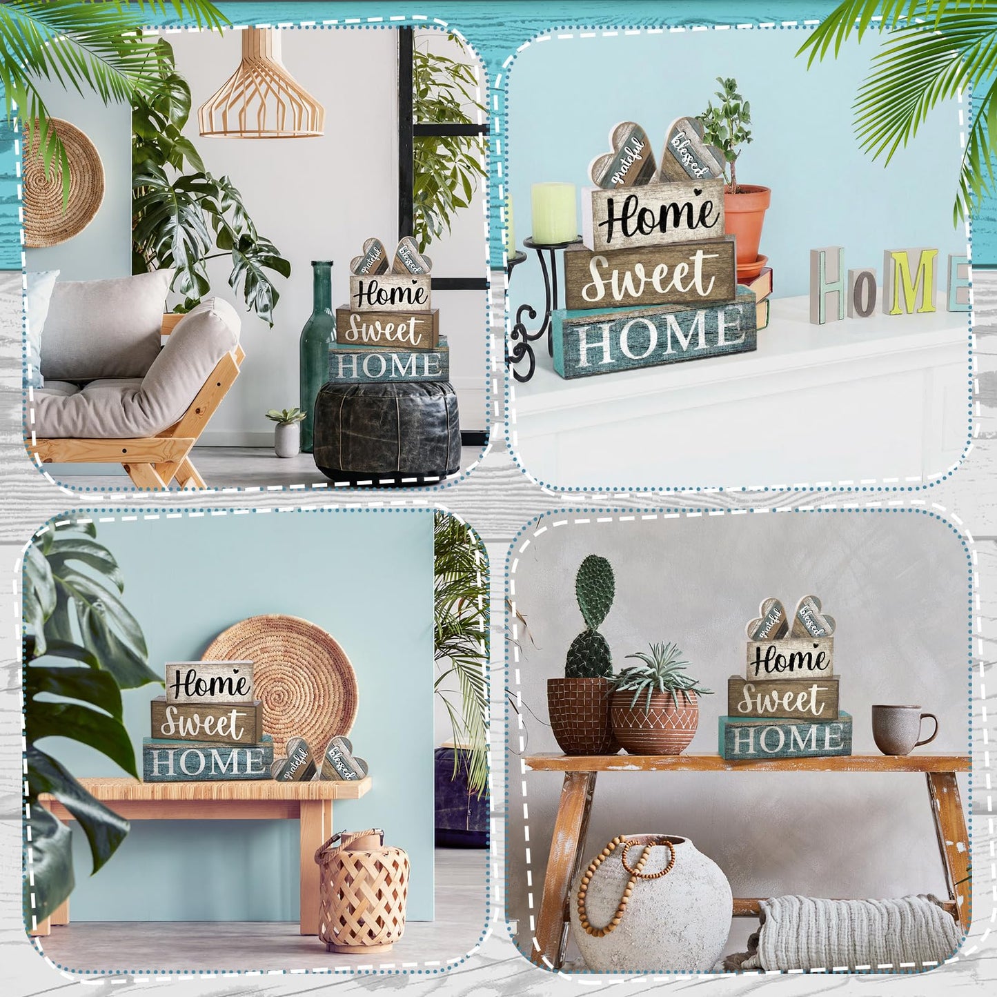 CroBlissful 4 Pcs Farmhouse Wooden Tabletop Decor Sweet Home Tiered Tray Decor Rustic Heart Shaped Centerpiece Farmhouse Block Sign Housewarming Gifts for Home Kitchen Table Shelf Mantel Decoration
