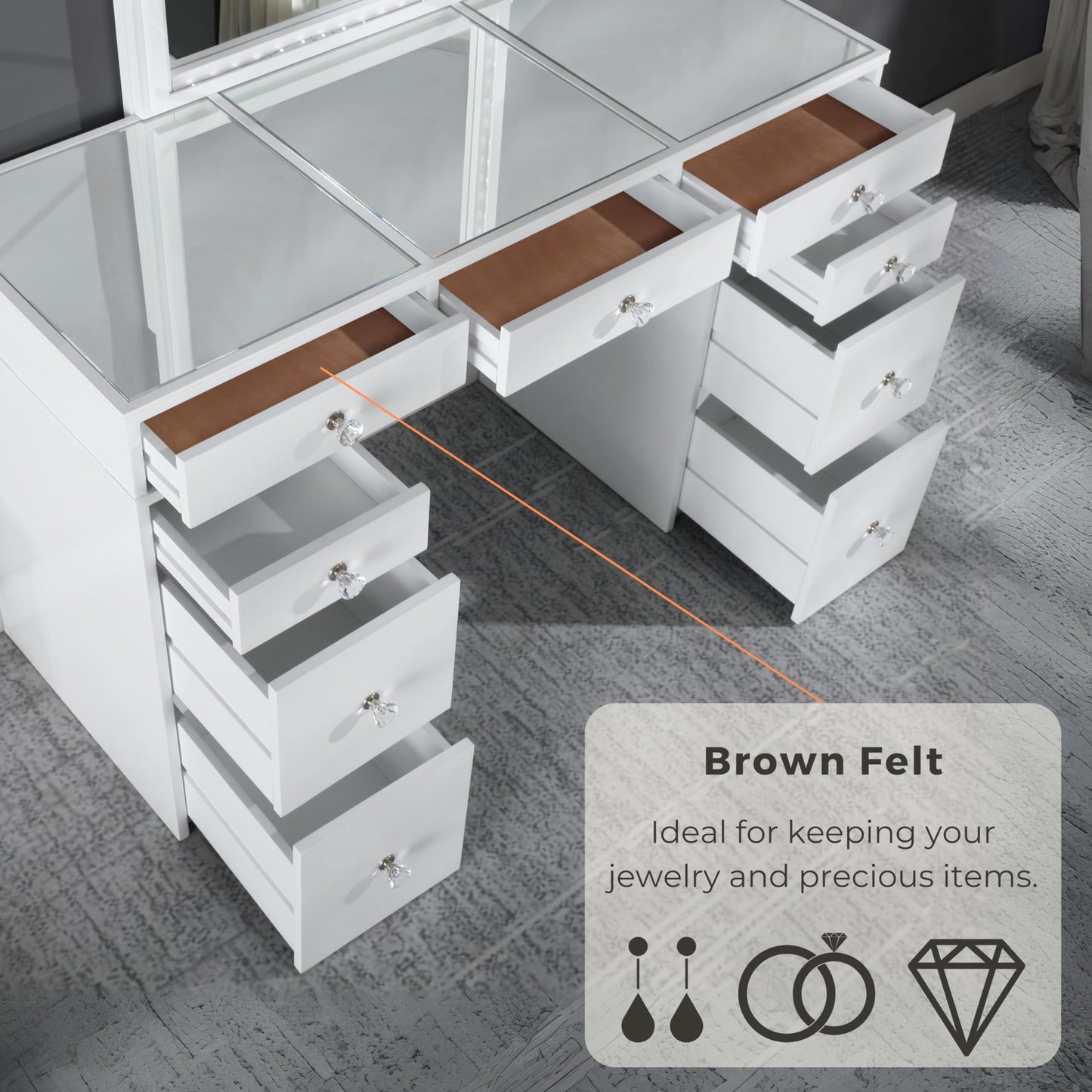 24/7 Shop at Home Juno Modern White Vanity Desk with Mirror and LED Lights, Makeup Table with 9 Drawers, Upholstered Stool with Wood Legs, Bedroom Furniture Set, Dressing Room, Youth Room