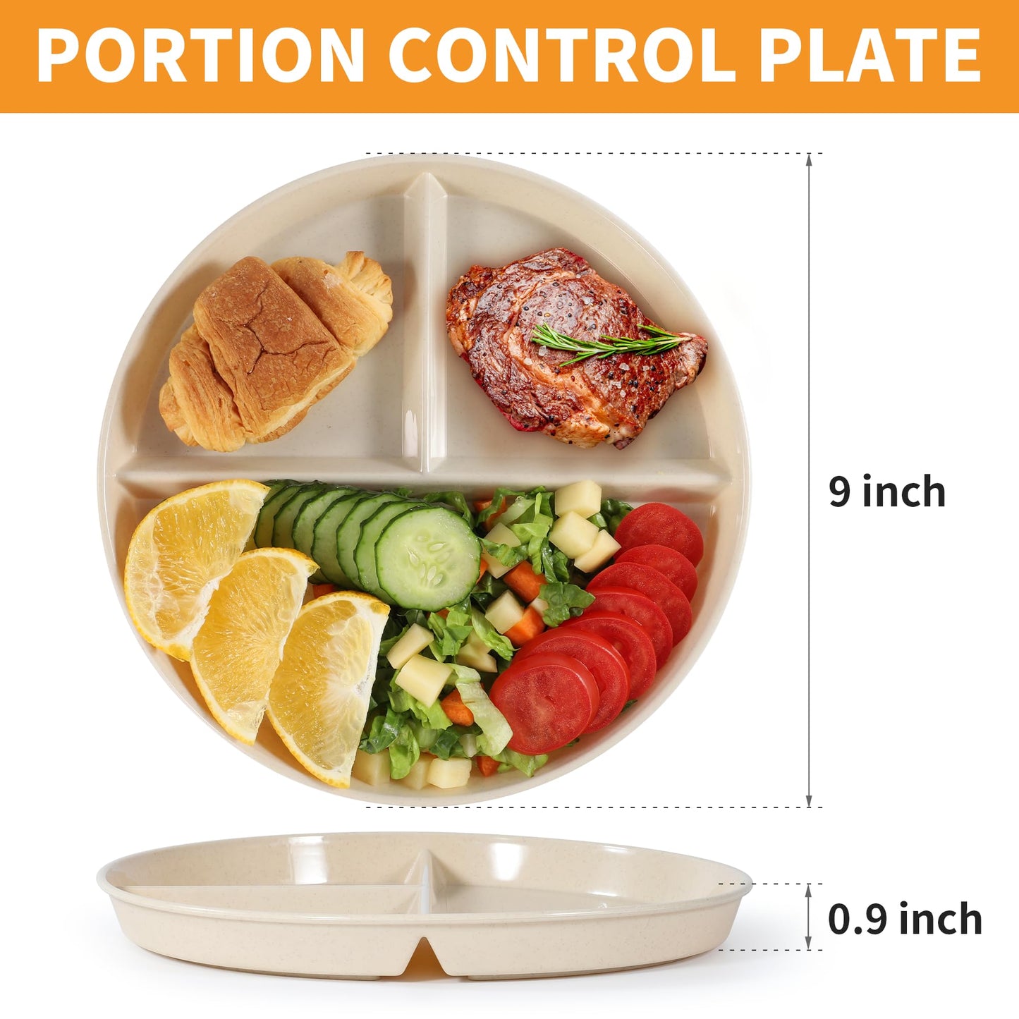 becutlery 9" Unbreakable Divided Plates (8 PCS). Microwave & Dishwasher Safe! For kids & adults. Wheat straw, BPA - free. Portion control for health/weight loss. 3 -compartment, durable & smooth.
