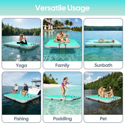 Inflatable Floating Dock, Water Island Float Raft Mat with Non-Slip Surface, 10FT Air Deck Platform, 6 Inch Thick for Pool, Lake, River, Beach, Ocean (Mint Green)