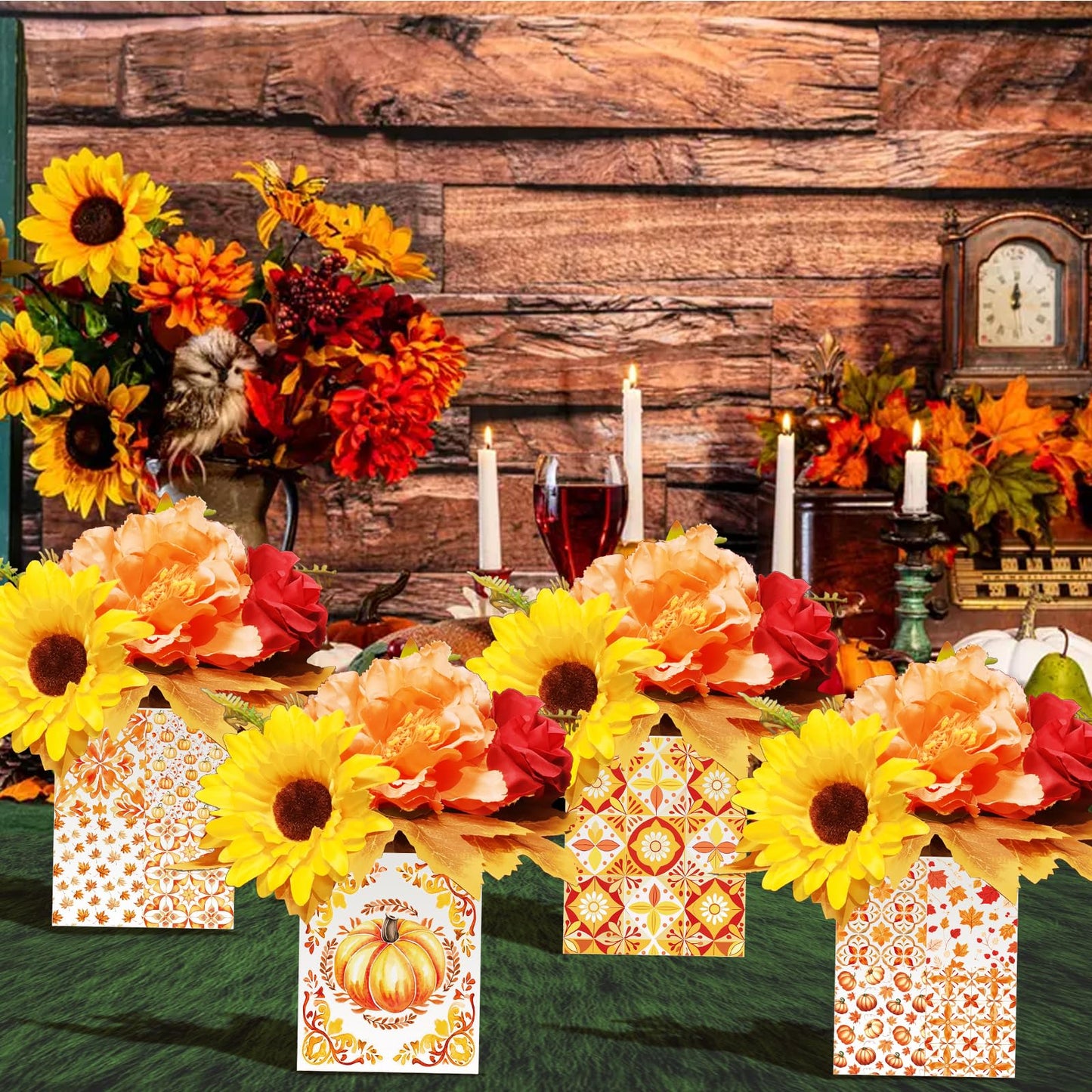 Pzhgoct Thanksgiving Centerpices for Tables Thanksgiving Table Decor with Artificial Flowers Set for Autumn Fall Office Home Farmhouse Harvest Holiday Party Centerpieces Decor (4 Sets)