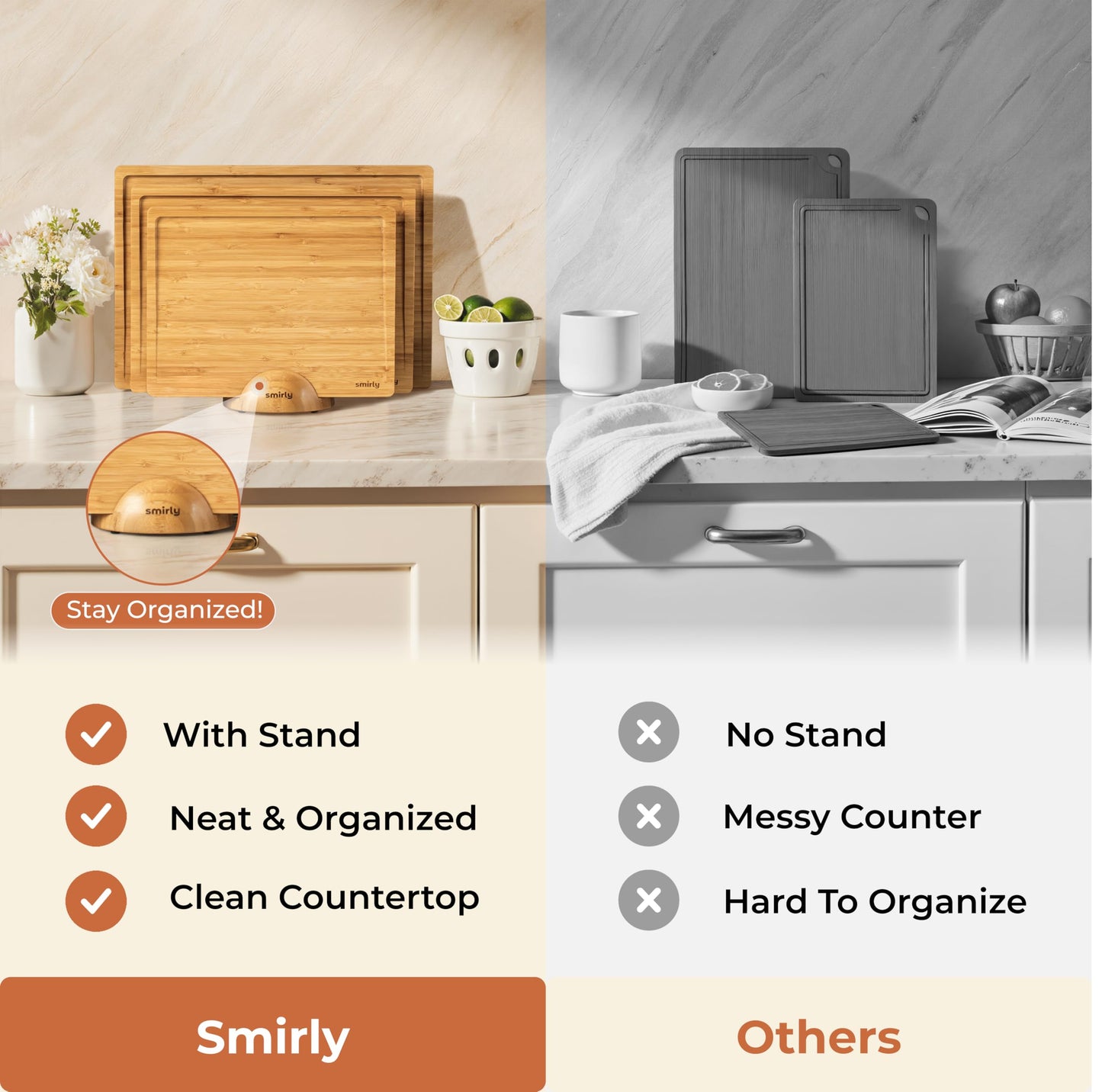 SMIRLY Wooden Cutting Boards For Kitchen Meal Prep & Serving - Bamboo Cutting Board Set with Holder, Charcuterie & Chopping Board, Wood Cutting Board Set, Kitchen Gadgets