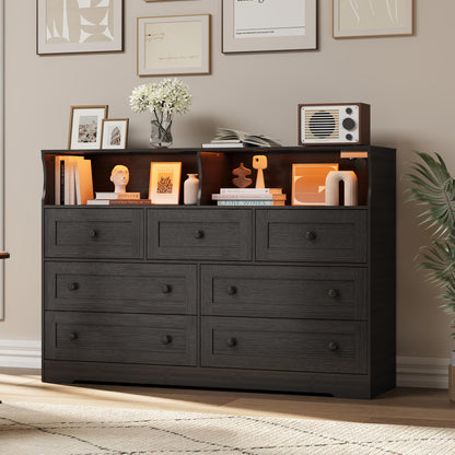 IDEALHOUSE Dresser for Bedroom with 7 Drawers, LED Lights & Charging Station, Wooden Chest with 2 Open Compartments, Freestanding Storage Organizer for Closet, Nursery, Entryway, Black