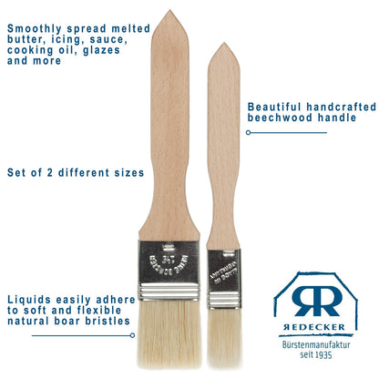 REDECKER Pastry Brushes Set with Untreated Beechwood Handles - 2 Different Sizes - Multi-purpose Brushes - Natural Bristle Basting Brush for Glazing and More - Wood Pastry Brush German Designed