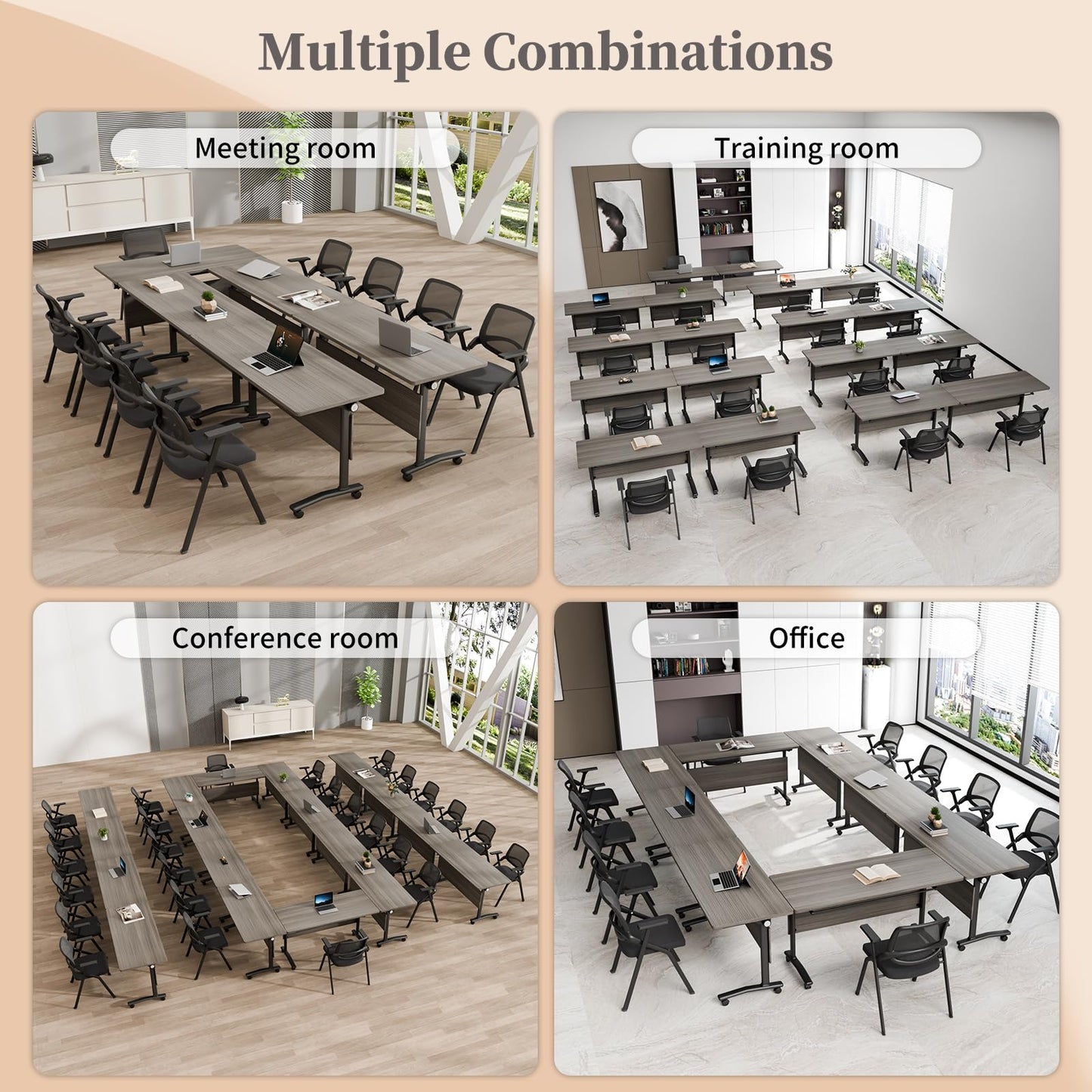 JNMDLAKO Folding Conference Room Table for 6-12 Person, Modular Mobile Large Flip-Top Training Table with Locking Wheels, Modern Rectangular Seminar Meeting Tables for Office (6, Elm, 47.2in)