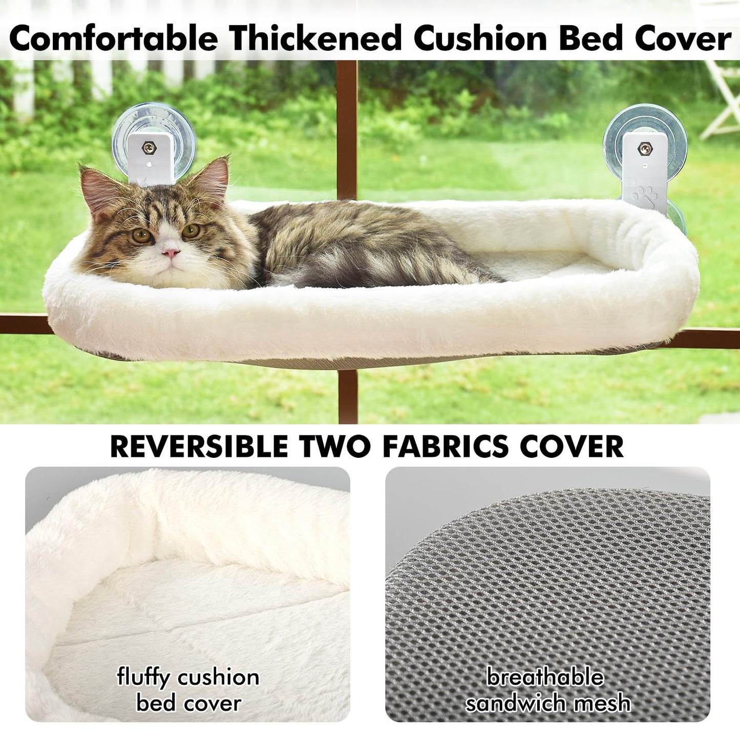 AMOSIJOY Cordless Cat Window Perch, Window Hammock for Cats with 4 Strong Suction Cups, Solid Metal Frame and Soft Cover, Indoor Cat Bed