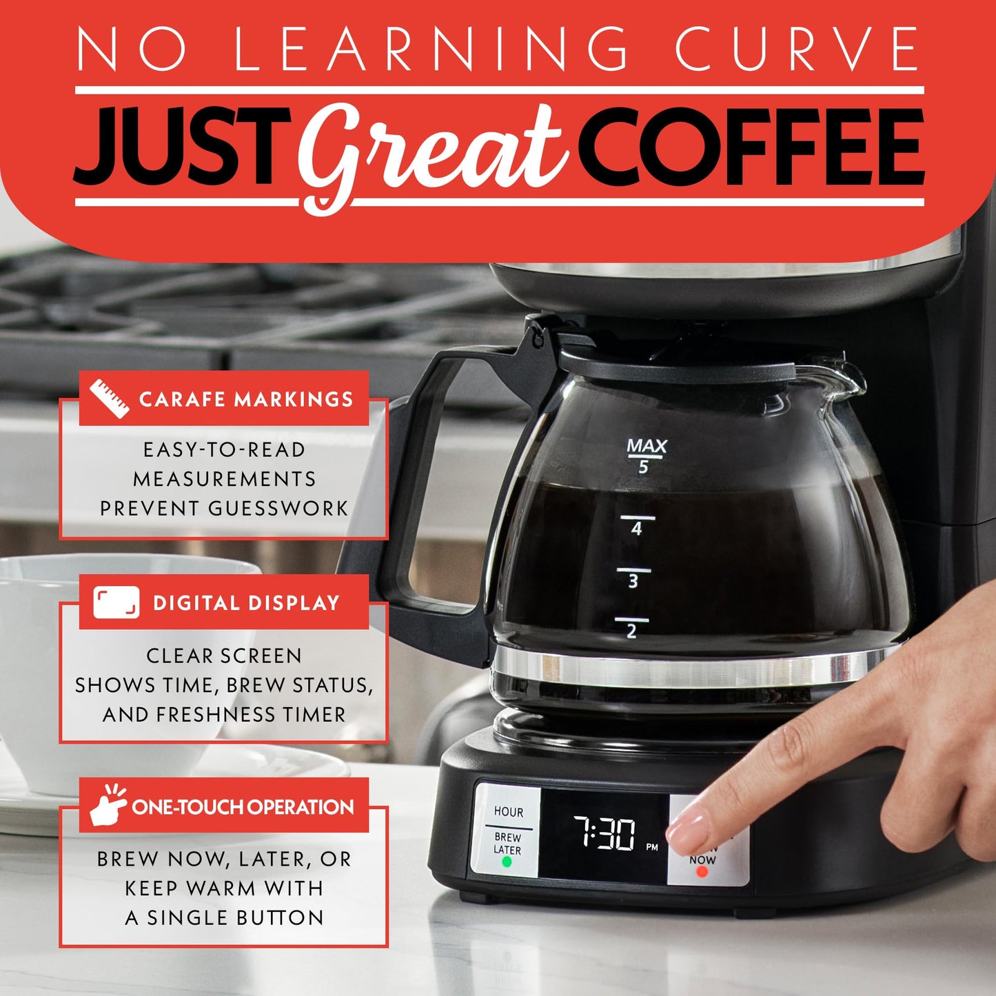 Gourmia Drip Coffee Maker – 5 Cup, One-Touch Brew, Pause & Serve, Adjustable 4 Hr Keep Warm, EZ-View Water Window, Black