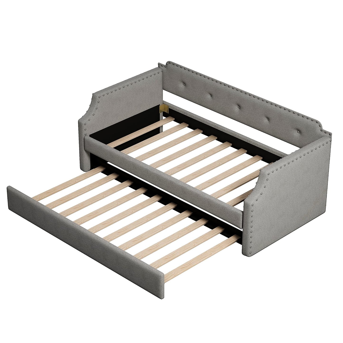 Twin Size Daybed with Trundle, Upholstered daybed with Button Tufted and Nailtrim on Arms, Sofa Bed Frame with Wood Slat Support, No Box Spring, for Living Room, Bedroom, Guest Room, Gray.