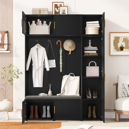 Shaical Hall Tree with Padded Bench and Shoe Storage, 4-in-1 Entryway Bench with Multi-Tier Storage Shelves & Cabinets, 4 Hooks, 79.7" H Wooden Storage Organizer for Entrance, Hallway, Mudroom, Black