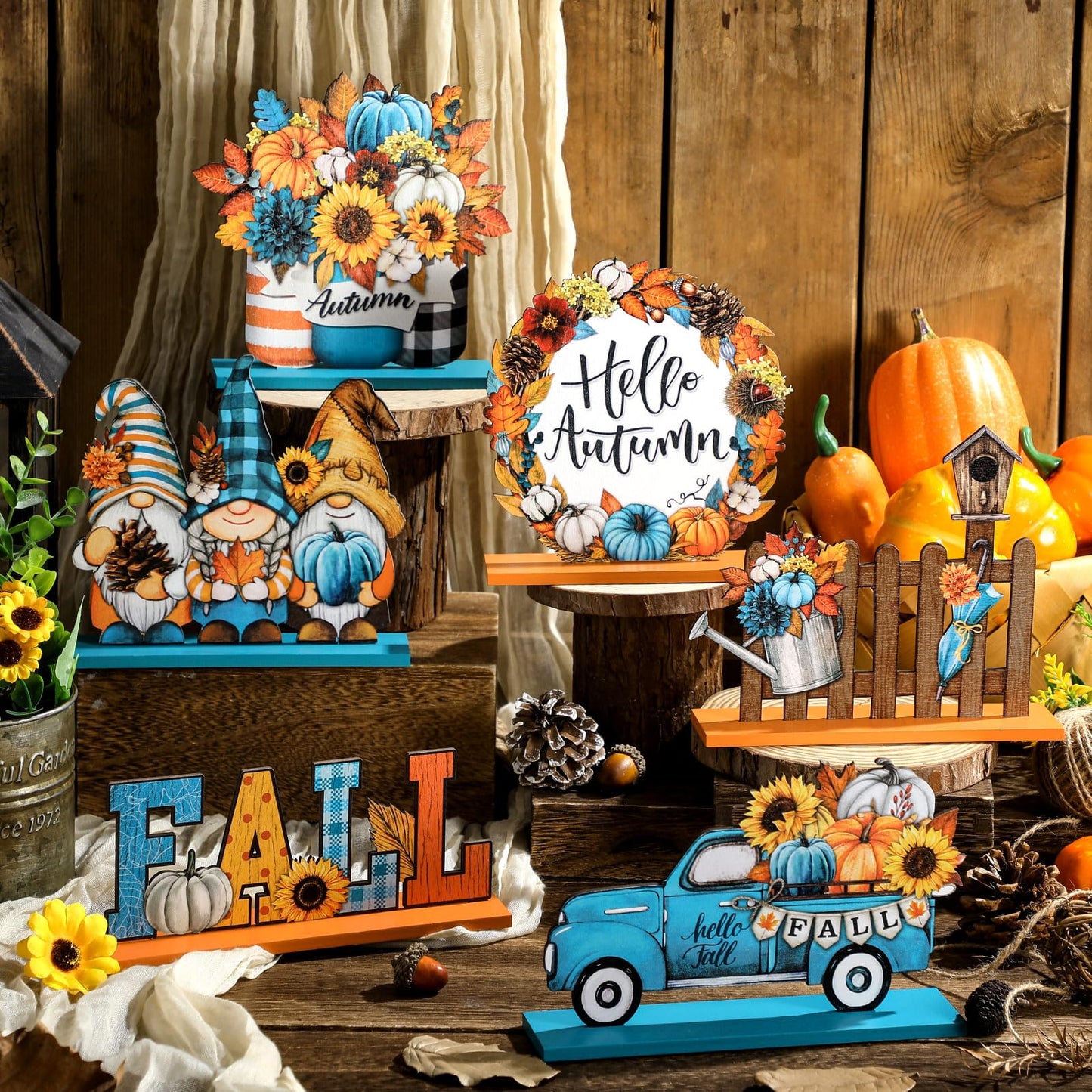 Wenqik 6 Pcs Hello Autumn Wooden Table Decorations Fall Wood Tabletop Sign Centerpiece Rustic Decorations for Office Desk Farmhouse Home Kitchen Tiered Tray Decor Shelves Table Decorative(Blue)