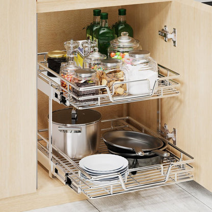 QUYUWU 2-Tier Kitchen Cabinet Pull Out Cabinet Organizer,Shelf and Drawer Organizer Slide Out Pantry Storaqe Basket in Multiple Sizes (17" W x 21" D)