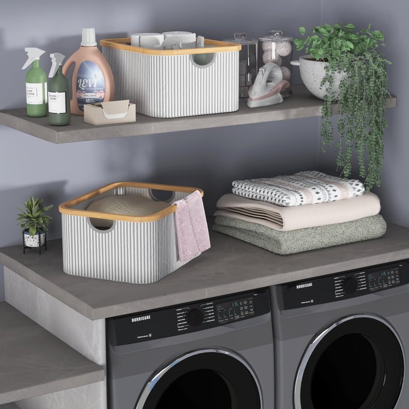 ClosetMaid Laundry Hamper Storage Baskets, Bamboo Frame, Portable, Collapsible Design, Freestanding, Stripe (2-Pack)