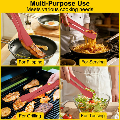 Beijiyi Kitchen Tongs for Cooking, 9" & 12" Set, Silicone Cooking Tongs with Silicone Tip for Nonstick Cookware, 600°F Heat Resistant, Stainless Steel Core, Great for Grilling and Serving Food (Red)
