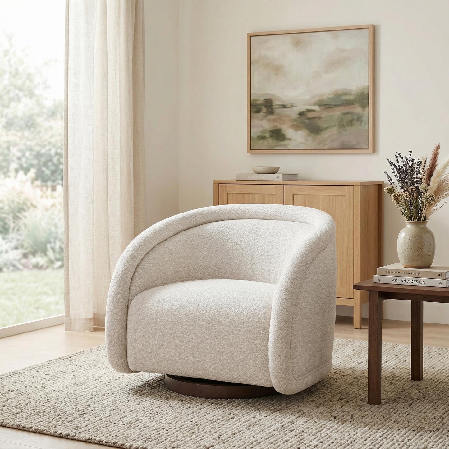 Christopher Knight Home Sabbo Swivel Chair with Solid Wood Base, Comfy Swivel Accent Chair with Curved Design, Boucle Upholstered Lounge Sofa Chair for Living Room/Bedroom, Beige + Walnut