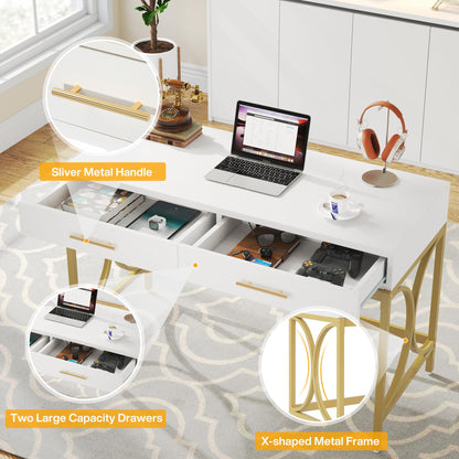LITTLE TREE 41" Computer Desk with Two Drawers, Modern Study Writing Desk with Storage, White Makeup Vanity Table Office Desk with Gold Metal Frame for Home Office