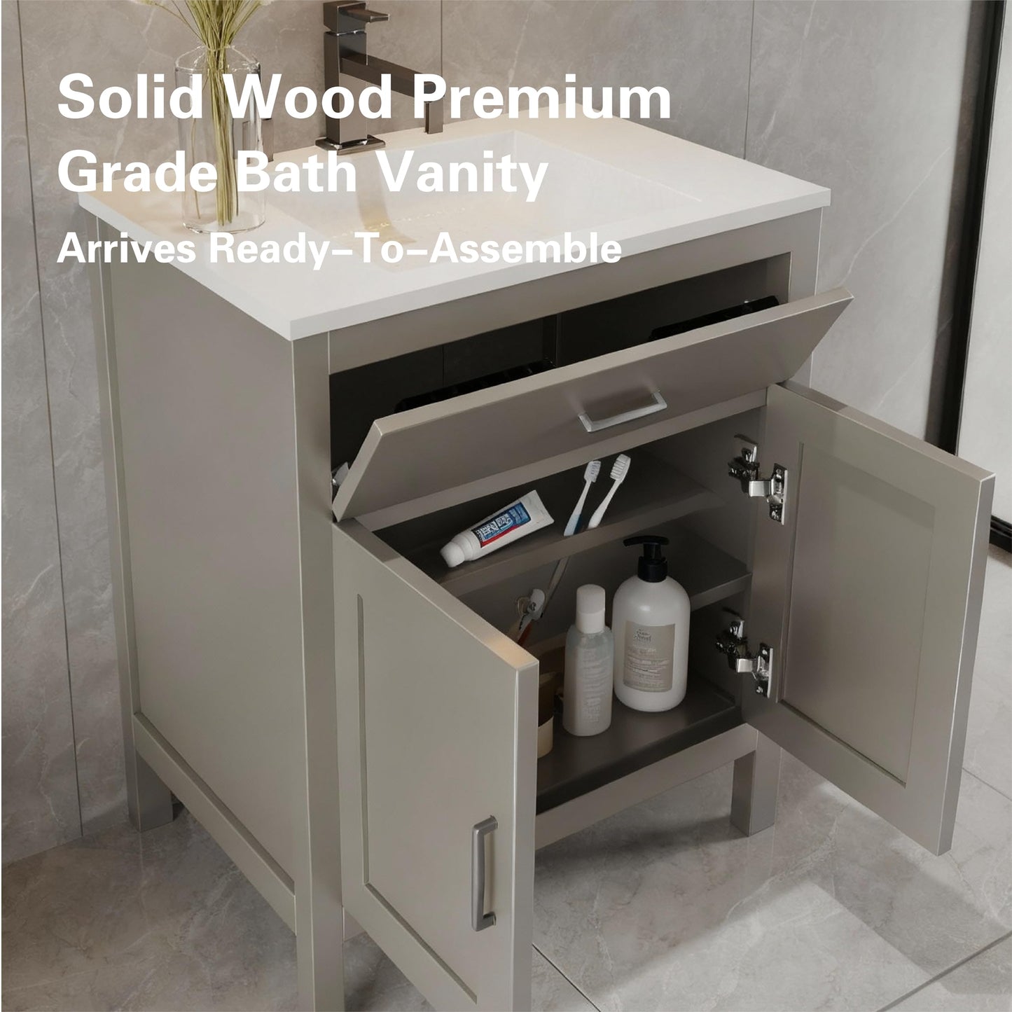 30" Light Grey Bathroom Vanity Base Only – Freestanding Solid Wood Sink Cabinet with Tip-Out Drawer, Shaker Style Storage, No Top or Sink, 30" W x 21" D x 34.5" H