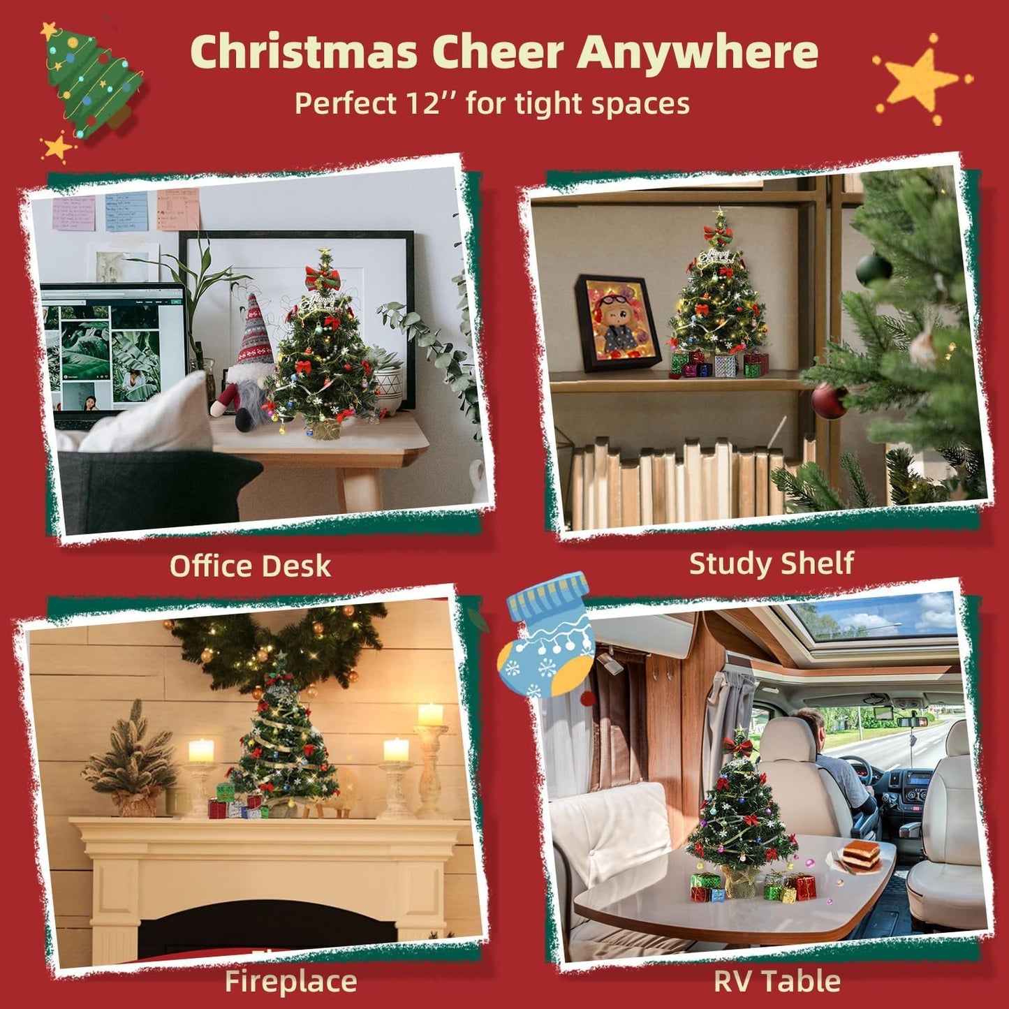 12 inch 1/6 1/12 iLAND Mini Christmas Tree with Lights Small Christmas Table Decorations Fits Office Desk Shelf Van