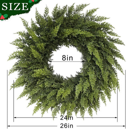 24" Soft Textured Christmas Cedar Wreath - Artificial Cedar Wreaths Faux Green Fake Pine Needles Wreath for Front Door, Wall, Windows, Home,Outdoor,Xmas Decor