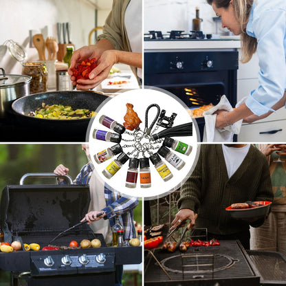 Mini Seasoning Keychain Set with 9 Portable Spice Bottles - Leak Proof Realistic Travel Containers for BBQ, Camping, Picnic, Cooking Outdoors