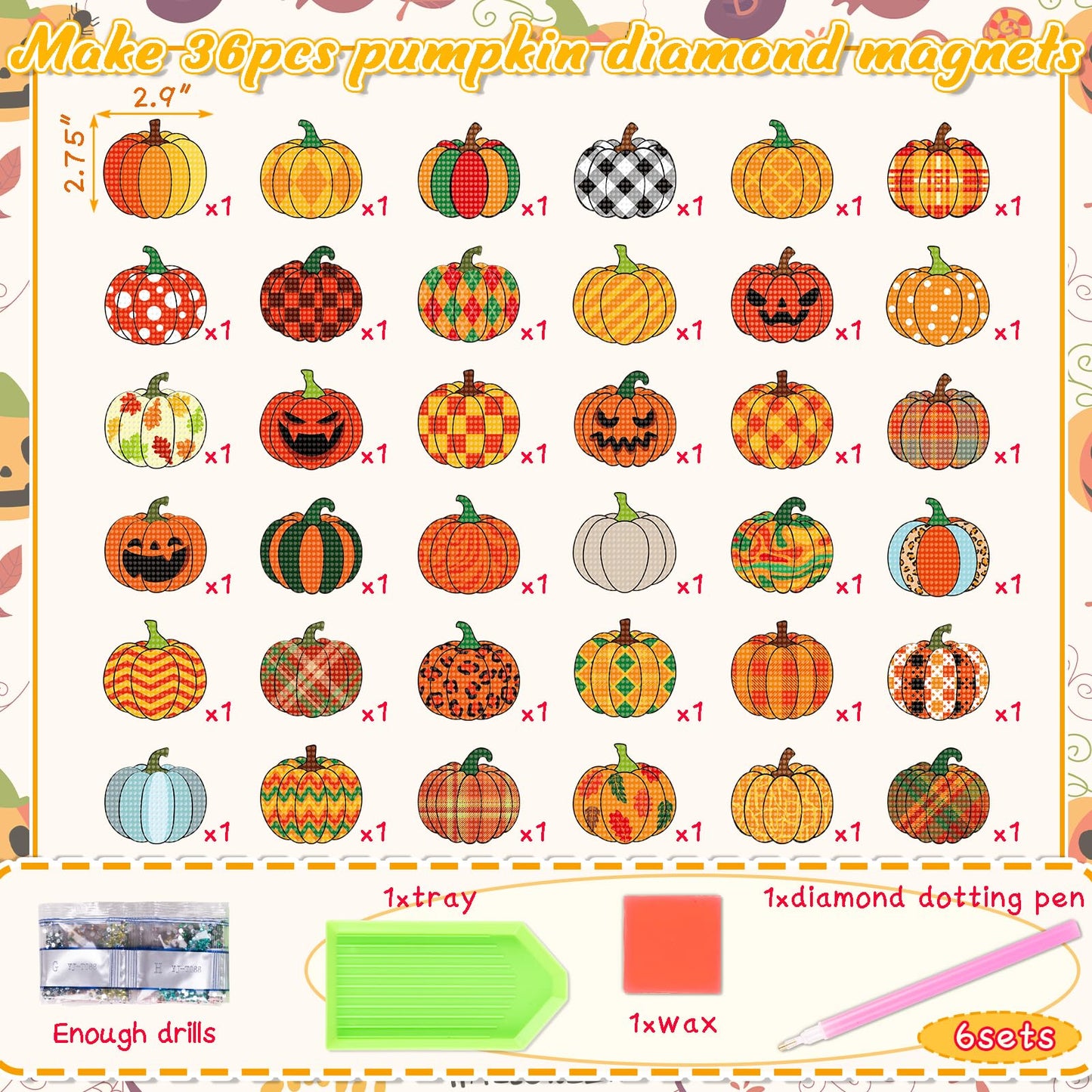 36PCS Halloween Crafts for Adults DIY Diamond Art: DIY Refrigerator Magnets Stickers Kit, Magnetic Fridge Decor (Pumpkin)