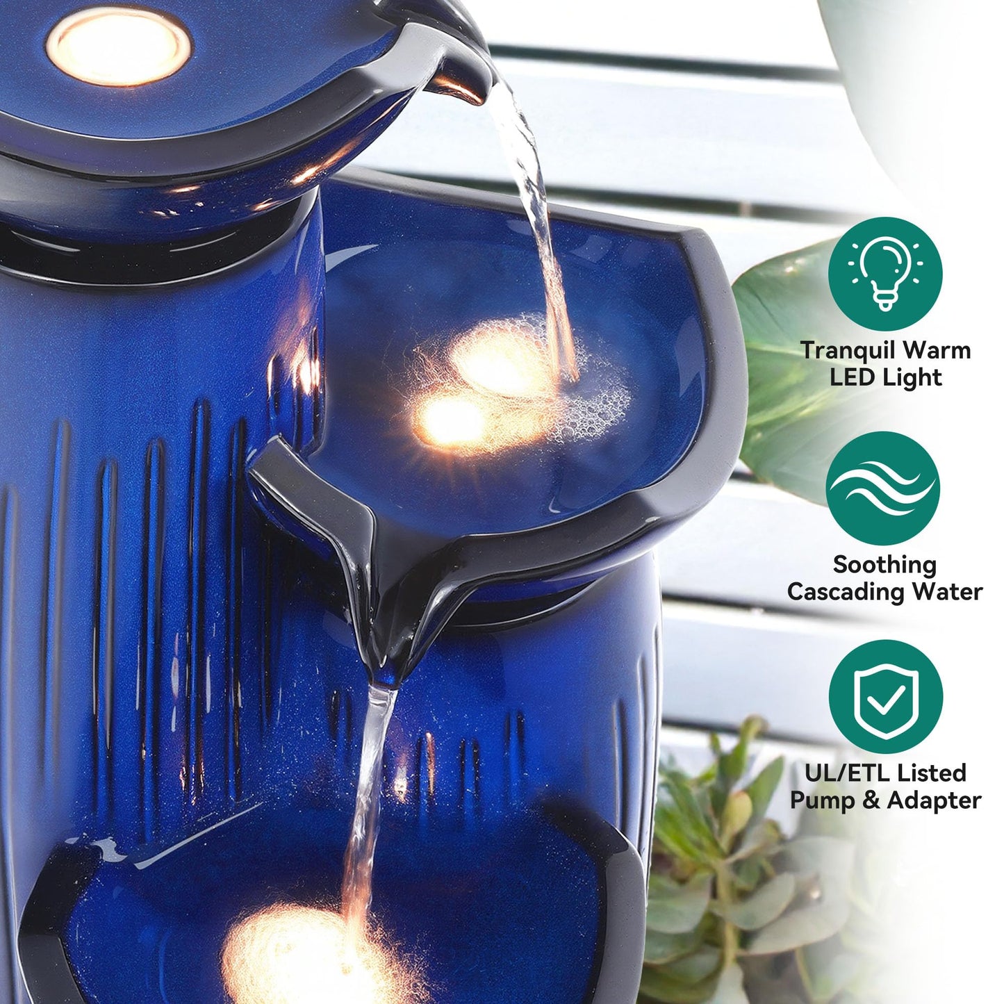 Autodaya Modern Ceramic Outdoor Water Fountain with LED Lights, 30" 3-Tier Geometric Pedestal Water Feature with Fluted Texture, Relaxing Cascading Waterfalls for Garden Lawn Patio Yard Art Decor