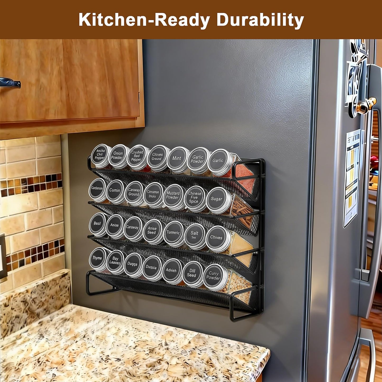 UVIAHOMI Magnetic Spice Rack Organizer for Refrigerator with 28 Spice Jars, 386 Spice Labels, 4 Hook, Chalk Marker and Funnel Set, Magnetic Shelf for Seasoning Organizer, 13.2'' W x 9.8 H, Black