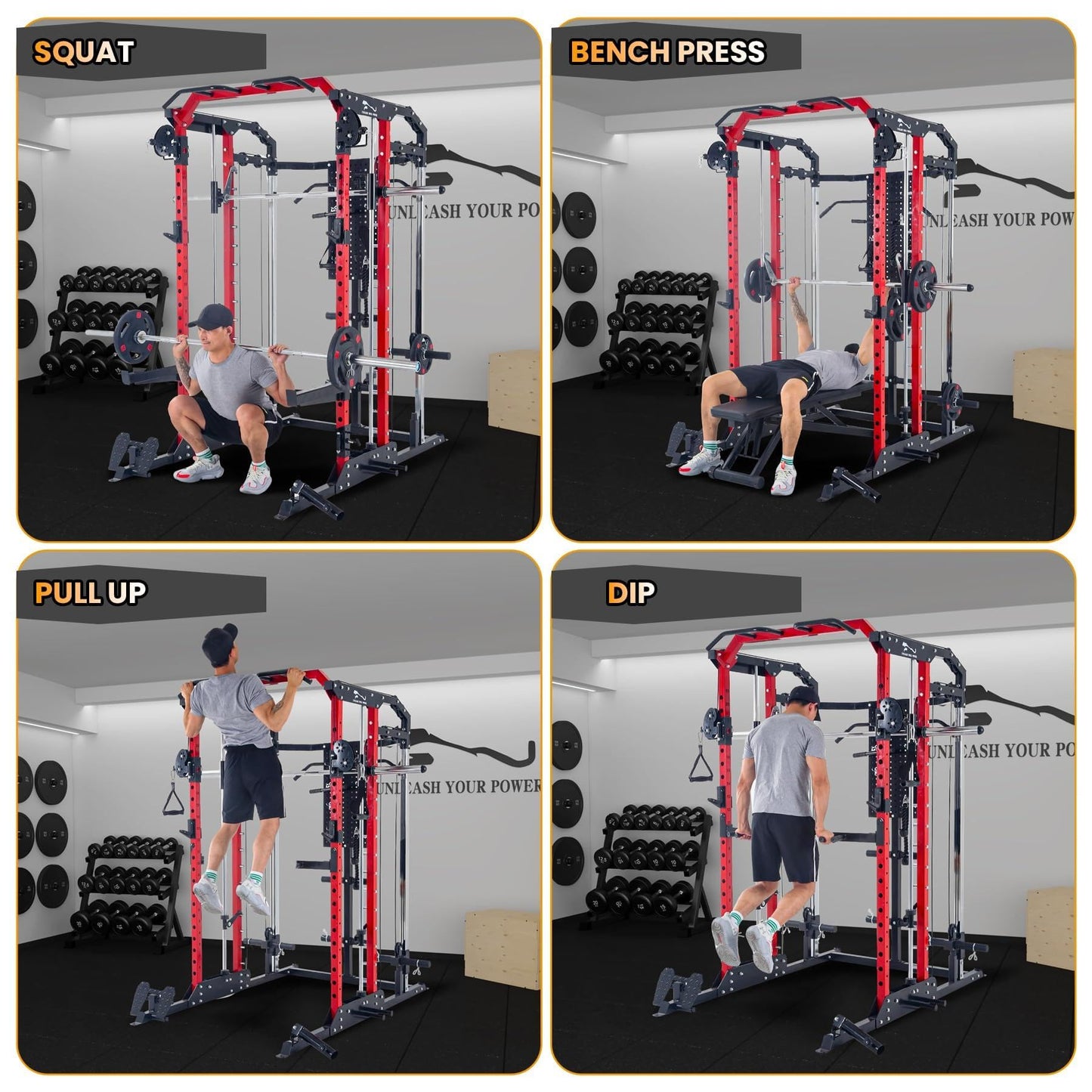 Patikuin Heavy-Duty Power Cage Smith Machine – Multi-Functional Comprehensive Home Gym Rack with Cable Crossover, Dual Pulley, LAT Pulldown, Dip Bars, Tricep Rope – Space-Saving, Black-Red