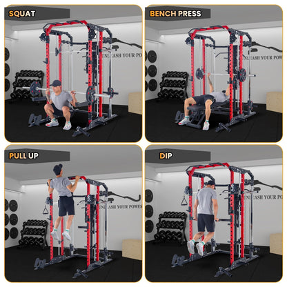 Patikuin Heavy-Duty Power Cage Smith Machine – Multi-Functional Comprehensive Home Gym Rack with Cable Crossover, Dual Pulley, LAT Pulldown, Dip Bars, Tricep Rope – Space-Saving, Black-Red