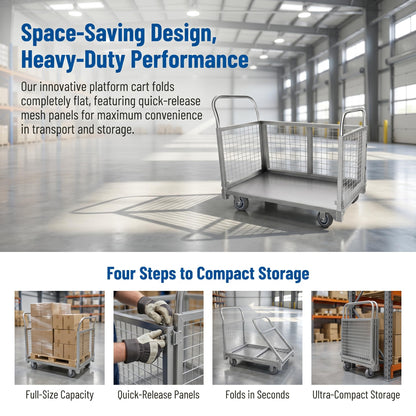 Platform Truck Cart with Cage,2200 lbs Capacity,6-in-1 Multi-Purpose Heavy Duty Foldable Flatbed Cart with Swivel Wheels,Quiet&Smooth Rolling Utility Hand Cart for Grocery,Laundry,Garage,Warehouse