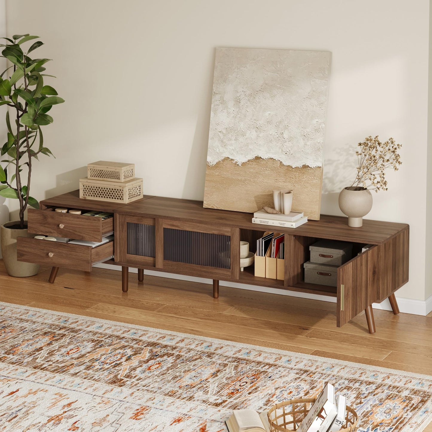 Merax Modern 76 Inch TV Stand for 85 Inch TV, Wood Grain Media Console with Glass Doors, Storage Cabinets & Drawers, Entertainment Center for Living Room Bedroom