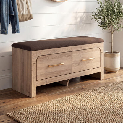 Signature Design By Ashley Hollymount Upholstered Bedroom Storage Bench, Two Drawers, Bronze Hardware, Wood/Fabric, 43.62" W x 15.75" D x 20" H, Tan/Brown